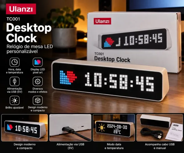 Relógio Smart Ulanzi TC001 Pixel LED Wi-Fi - YouTube e Personalizável