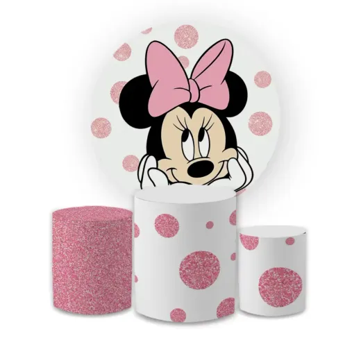 Kit Decorativo Painel Redondo C/ Elástico + Trio Capa Cilindro Veste Fácil Minnie Baby