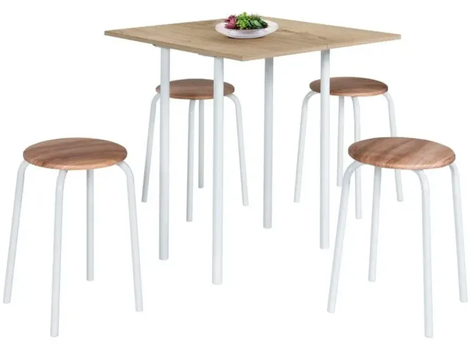 Mesa Dobrável Compacta com 4 Banquetas Empilháveis - Tampo Amadeirado