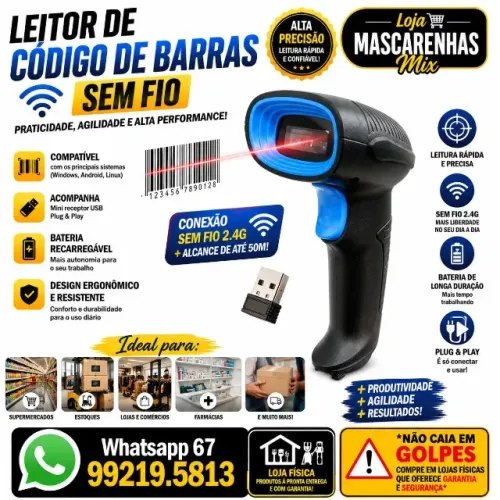 Leitor de Códigos de Barras SEM FIO Novo Cod: 085