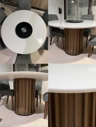 Mesa de Jantar Redonda com Tampo de Vidro e Prato Giratório - Base Ripada