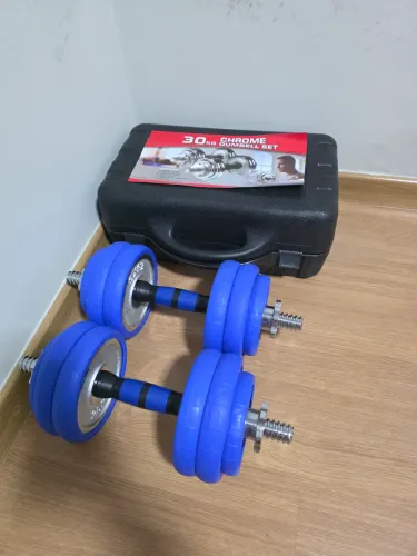 Kit Halteres 30kg Com Barra Anilhas Cromadas Emborrachadas Azul