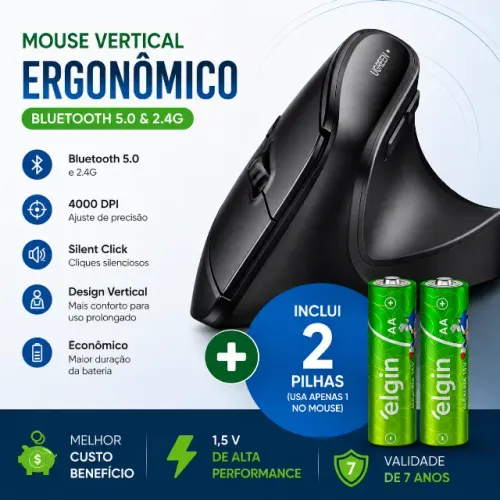 Mouse Vertical Ergonômico UGREEN M571 Bluetooth 5.0 2.4G 4000 DPI + 2 Pilhas AA inclusas