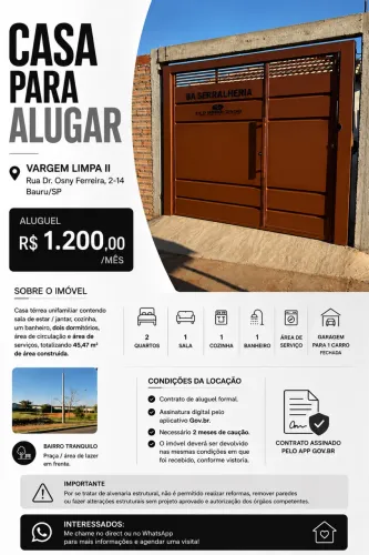 CASA 2 QUARTOS PARA ALUGAR EM BAURU - R$ 1.200/MÊS