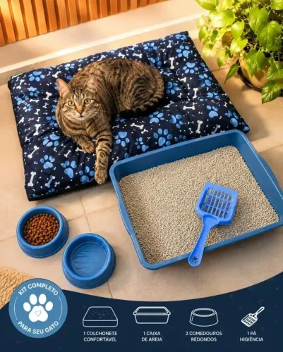 Caixa completa de areia para gato, com bebedouro e pazinha