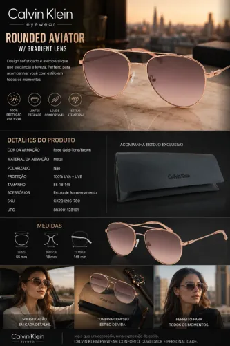 Óculos de sol Calvin Klein Rounded Aviator w/ Gradient Lens