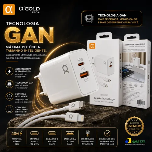 Carregador Tecnologia GaN de última geração com carregamento ultrarrápido para iPhone.