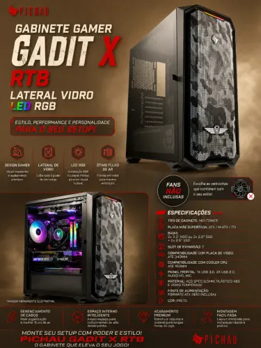 Gabinete Gamer Pichau Gadit X RTB Lateral Vidro LED RGB