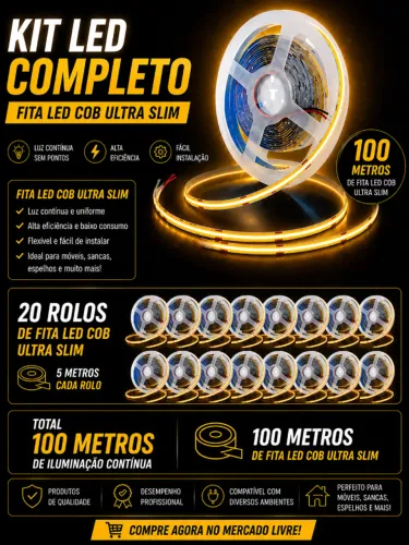 Kit 100 Metros Fita Led Cob 12v 320 Leds/m Alta Luminosidade