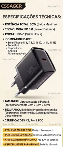 Carregador Essager 30W Potência Real