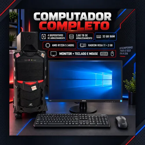 Computador Completo Ryzen 5 3400G, 32GB RAM, 3,60TB e Monitor 24?