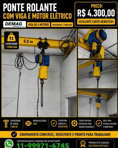 PONTE ROLANTE COM VIGA DE 6 METROS E MOTOR ELETRICO 220- 1 TON