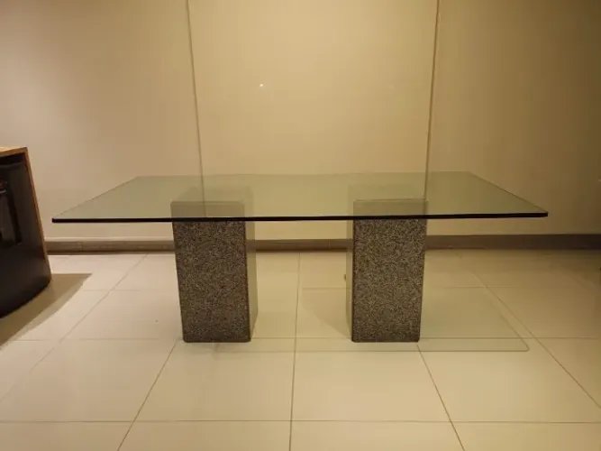 Mesa de jantar 200x100 tampo 20mm canto moeda com 2 bases granito cinza