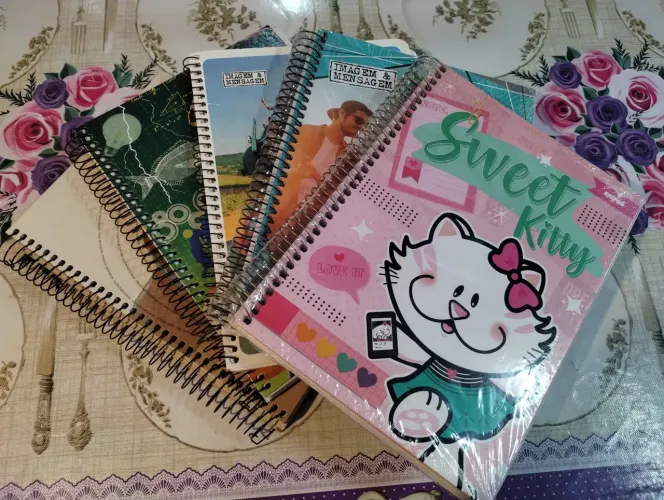 Kit 5 cadernos novos. São 4 de 10 matérias e 1 de 1 matéria 