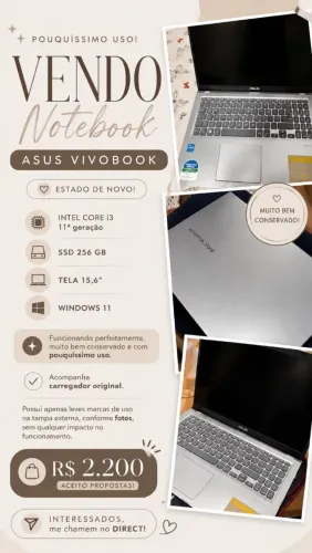 Notebook ASUS VivoBook X1500EA, Intel Core i3 de 11ª geração, 8 GB de RAM e SSD de 256 GB.