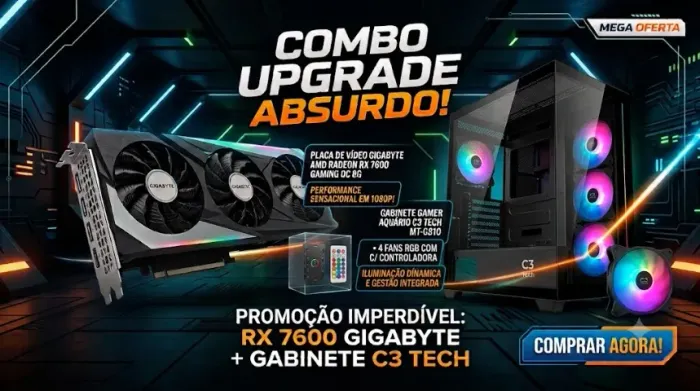 Placa de Vídeo Gigabyte RX 7600 + Gabinete Aquário C3 Tech MT-G810 + 4 fans RGB