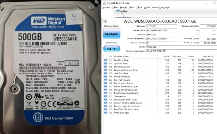 HD 3.5 de 500gb + cabos sata (testado saudável)