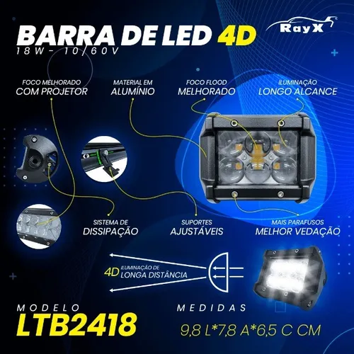 Farol Auxiliar de Alta Potência 6 Led 18W 10 à 60 Volts