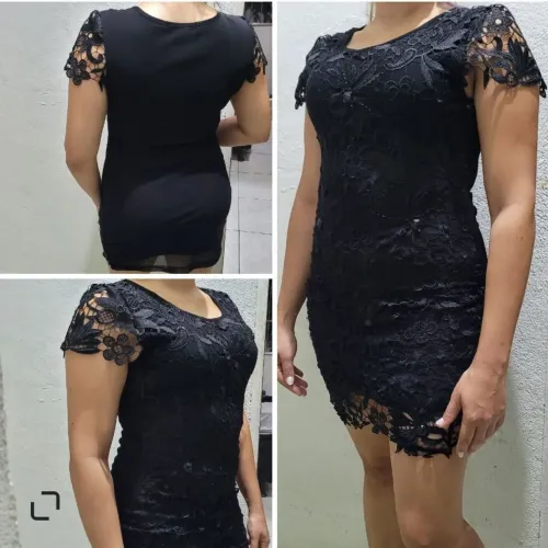 vestido preto tubinho com renda bordados e tule