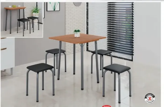 Mesa Dobrável Luana Cinamomo. Martelado Prata 4 Banquetas Frete Grátis - Até 12x S/ Juros