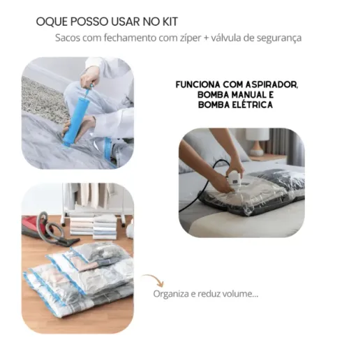 Kit 10 Saco a Vácuo 40x60cm com Bomba Manual Organizador p/ Mala Viagem Roupas Casacos