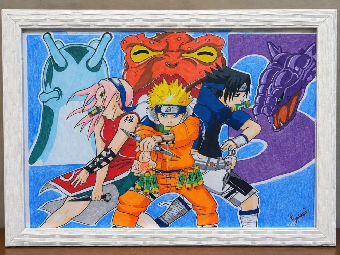 Quadro desenhado a mão do trio mais famoso do mundo das animações japonesas