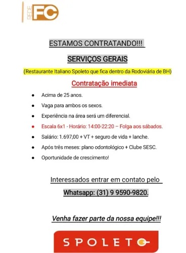 Estamos Contratando ASG - Restaurante Spoleto da Rodoviária de BH