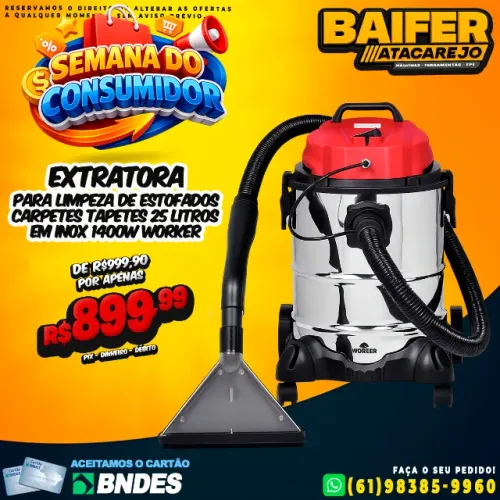 Extratora Para Limpeza de Estofados Carpetes tapetes 25 litros em Inox 1400w Worker