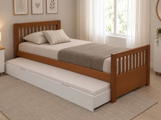 Cama Solteiro de Madeira Tok&Stok com Colchão + Bicama de Brinde