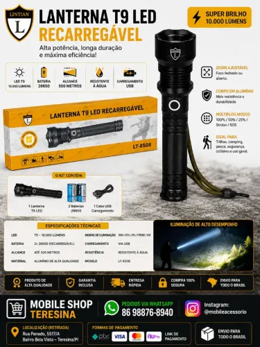 Lanterna T9 LED Recarregável Alta Potência USB