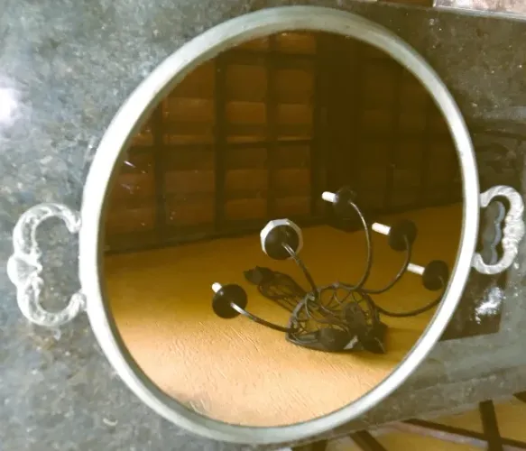 Moldura espelhada formato Bandeja circular espelhada Metal prateado alças laterais