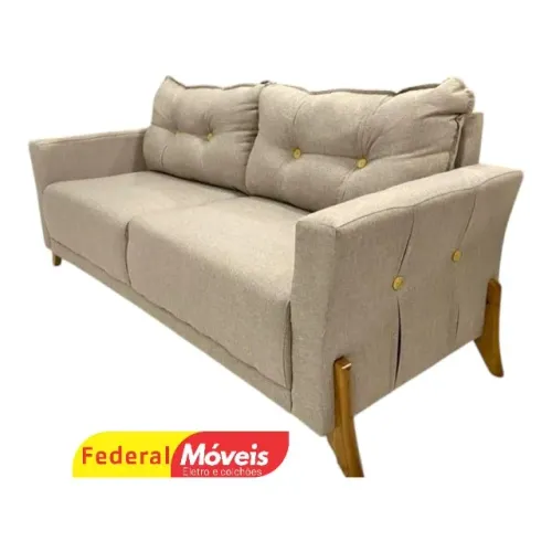 Sofá 1,70m Pés Madeira Tecido Linho Off White ENTREGA HOJE