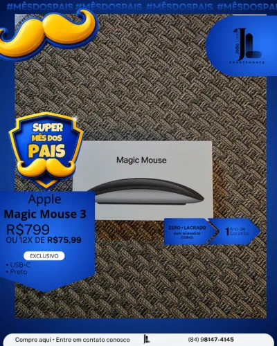 APPLE MAGIC MOUSE 3, PRETO, USB-C, LACRADO, EXCLUSIVO!