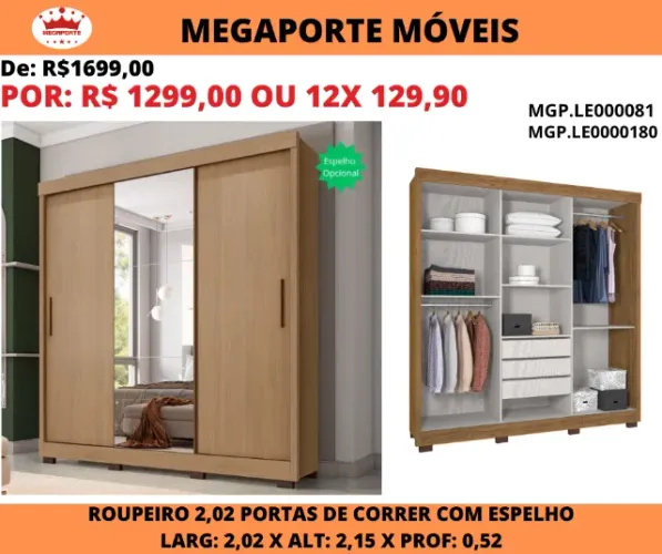 GUARDA ROUPA 3 PORTAS DE CORRER C/ESPELHO