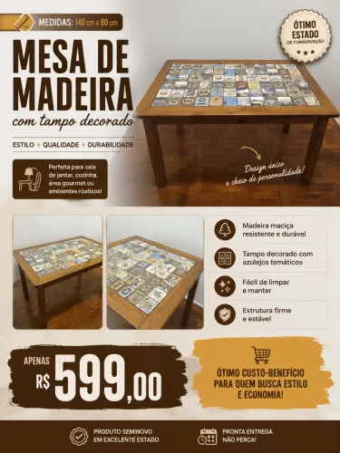 MESA DE MADEIRA COM TAMPO DECORADO ? R$ 599,00!