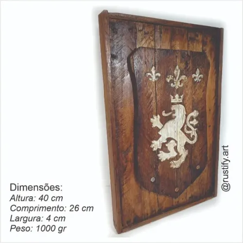BRASÃO LEÃO MEDIEVAL EM MADEIRA - PEÇA EXCLUSIVA E ÚNICA PARA DECORAÇÃO