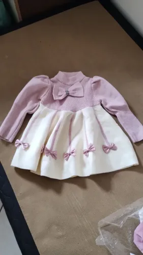 Vestido Bebê 1-8 Anos Com Renda, Laço E Mangas Longas<br>