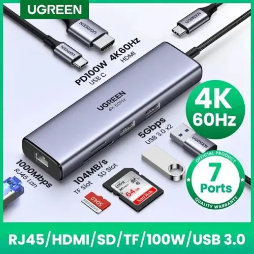 Adaptador USB 100W + HDMI 4K + REDE RJ45 + Leitor de Cartão UGREEN