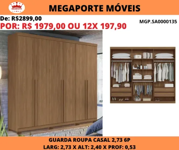 Guarda Roupa Casal 2,73 com 6 Portas 4 Gavetas