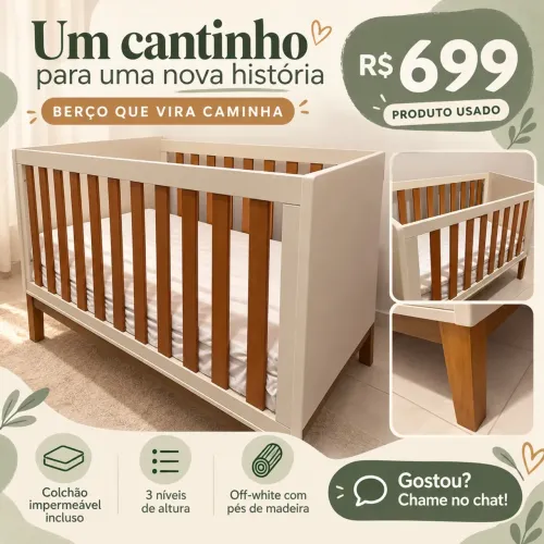 Berço off-white que vira caminha + colchão impermeável ? R$ 699