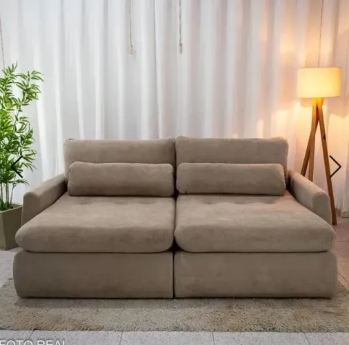 Sofá Retrátil Amaranto Premium 2,30m Bege Veludo Plush 