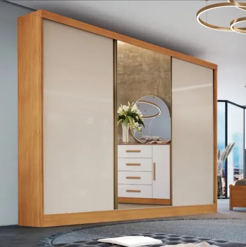 Guarda-Roupa Casal Urban Glass 3 Portas de Correr com Espelho Nature Off White