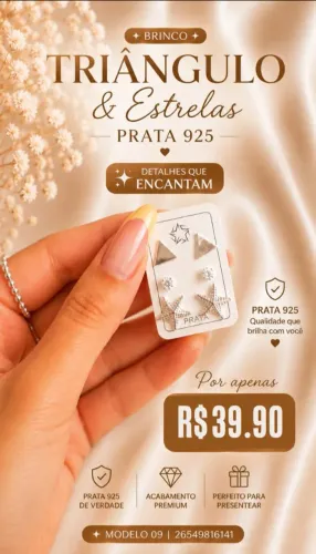Trio de Brincos Triângulo e Estrela Prata 925