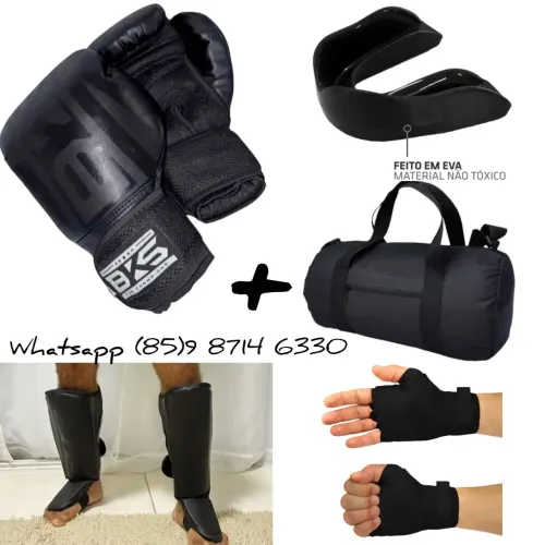 kit boxe. luvas bandagem proteção bocal caneleira e bolsa. entrega grátis