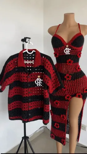 Conjunto blusa e vestido flamengo crochê
