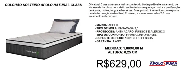 Colchão solteiro molas apolo natural class - à pronta entrega