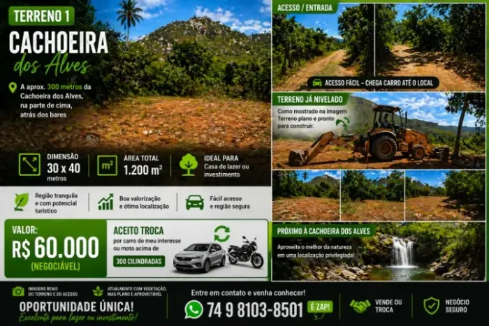 Terreno à venda ou troca 1200m² Cachoeira dos Alves 