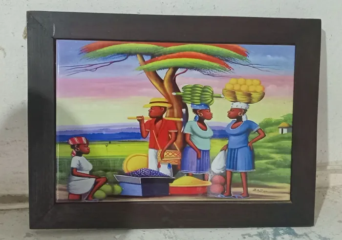 Quadro de paisagem africana de azulejo com moldura