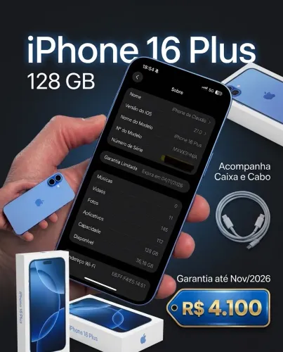 iPhone 16 Plus 128GB blue com garantia até novembro 2026 com caixa e cabo 