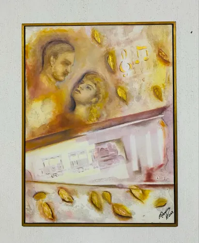 Quadro Pintura Óleo Sobre Tela Casal Música E Trem M. Regina 2003 64 x 84